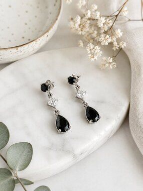 925 Sterling Silver Black Clear CZ Teardrop Dangle Earrings Pear Drop